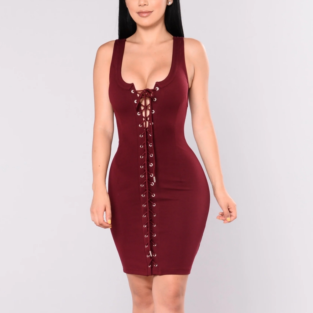Fashion Nova Too Much Sauce Lace Up Bodycon Mini Dress in Wine Size Small